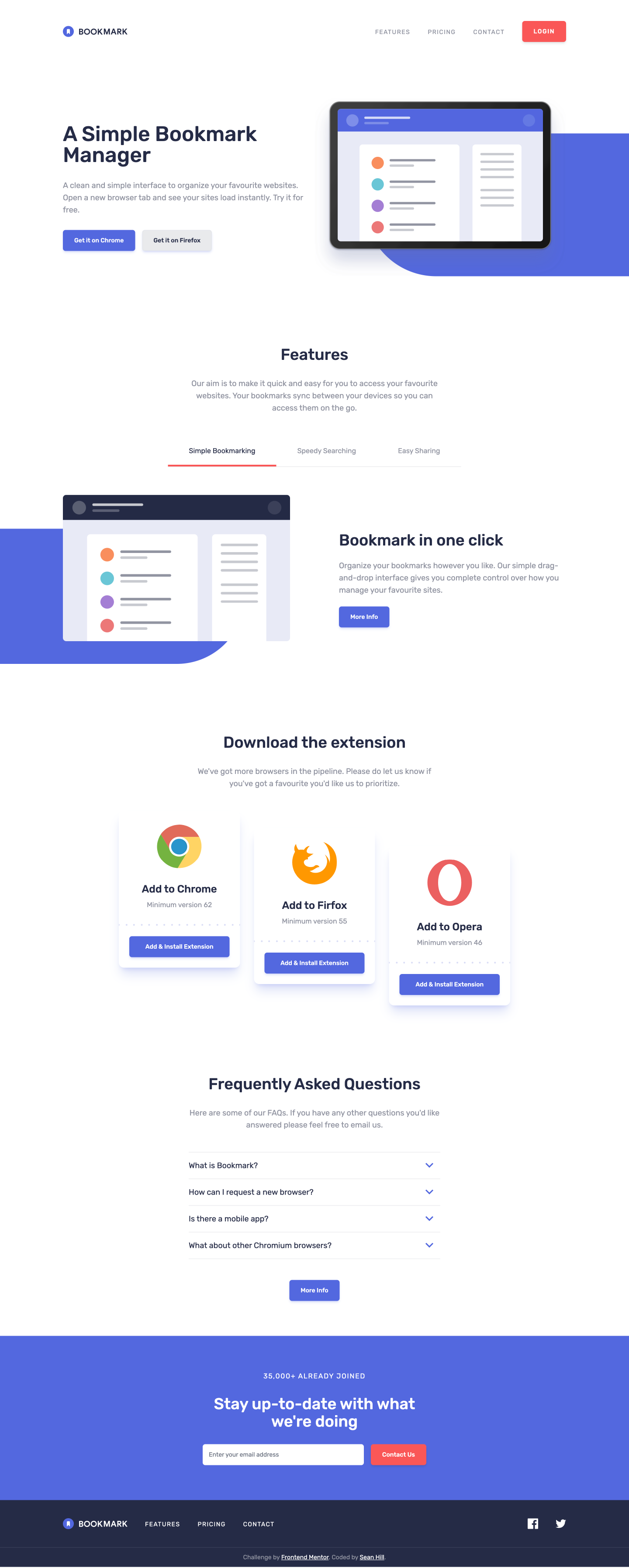 A frontend development challenge that displays a landing page for a fictional browser extension called Bookmark.