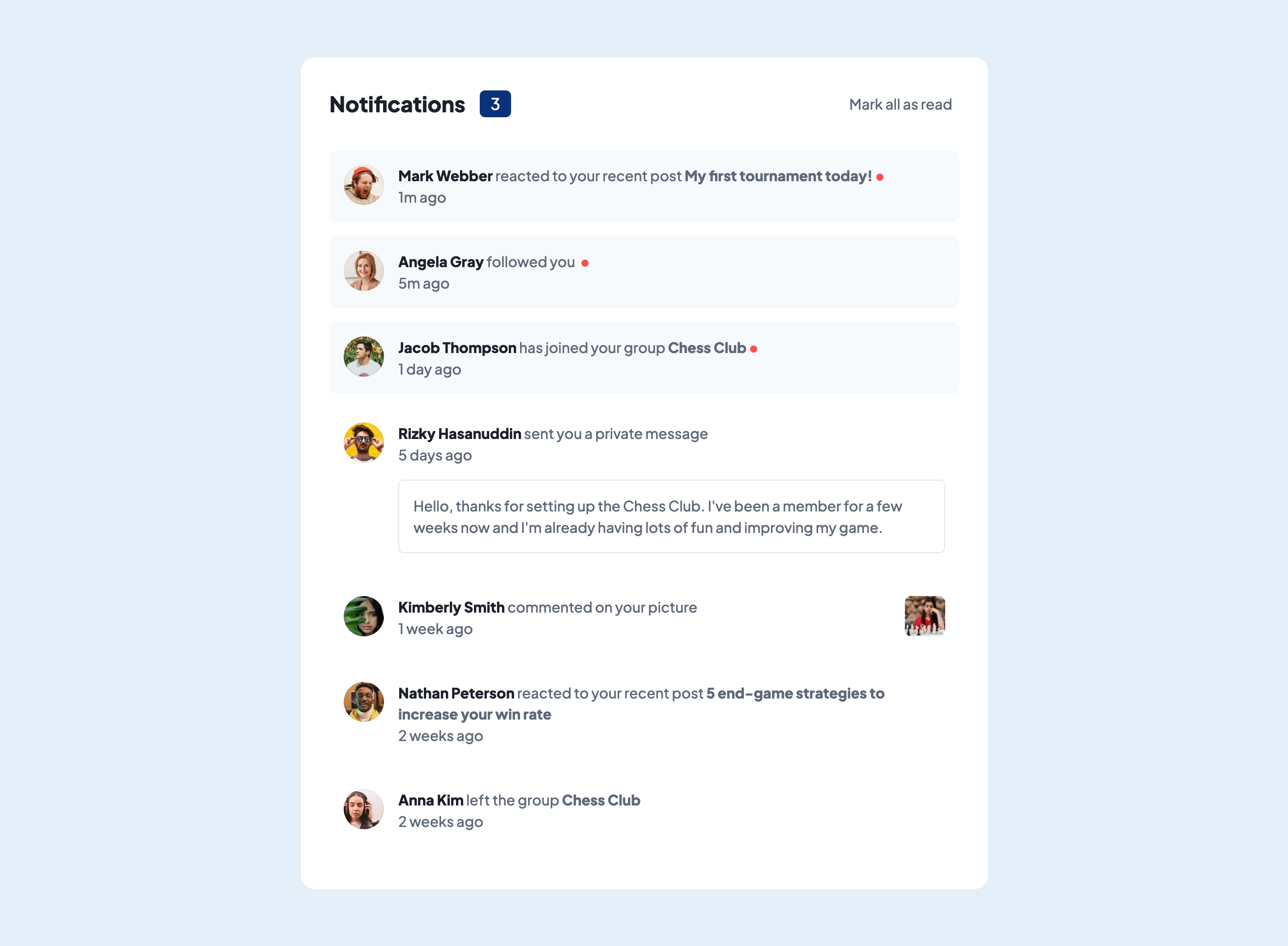 Screenshot of a notifications page web interface